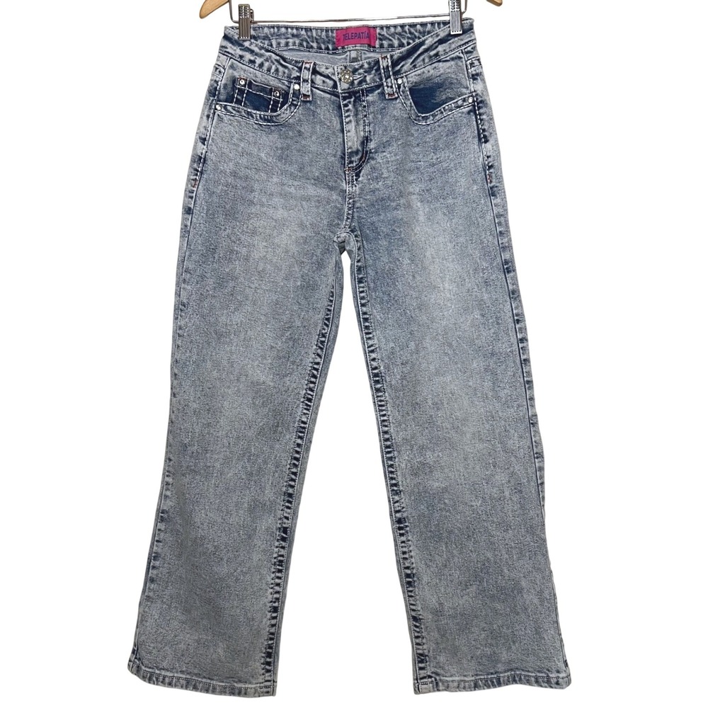 Telepatia Acid‎ Wash Wide Leg Jeans Rhinestone Baggy Y2K Denim Size 7/28